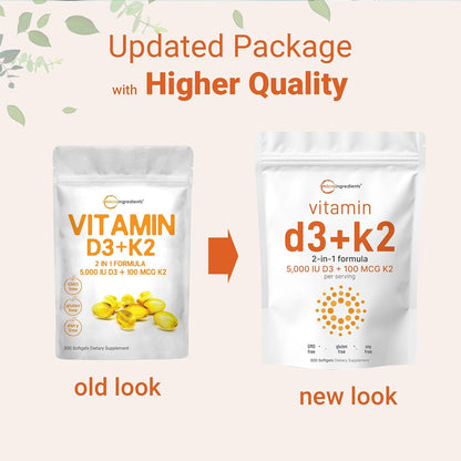 Micro Ingredients Vitamina D3 5000 IU con K2 100 mcg, 300 Softgels | Suplemento de Vitamina K2 MK-7 con D3, 2 en 1 para Apoyo Inmunológico, Salud del Corazón, Articulaciones, Dientes y Huesos - Fácil de Tragar