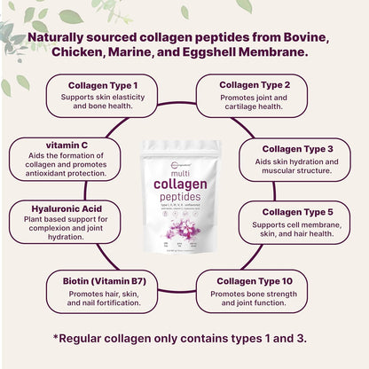 Micro Ingredients Multi Collagen Protein Powder, 2 libras – Tipo I, II, III, V, X con Biotina, Ácido Hialurónico, Vitamina C.