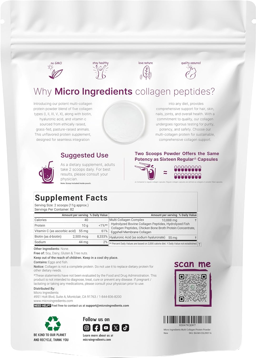 Micro Ingredients Multi Collagen Protein Powder, 2 libras – Tipo I, II, III, V, X con Biotina, Ácido Hialurónico, Vitamina C.